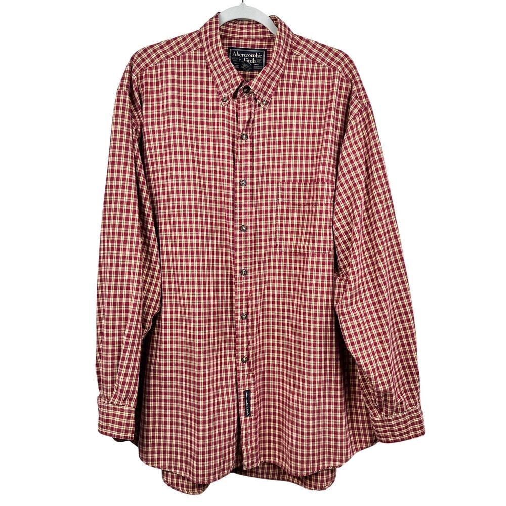 Vintage Abercrombie & Fitch Men's Plaid Button Down Shirt Cotton Y2K Dark Red XL